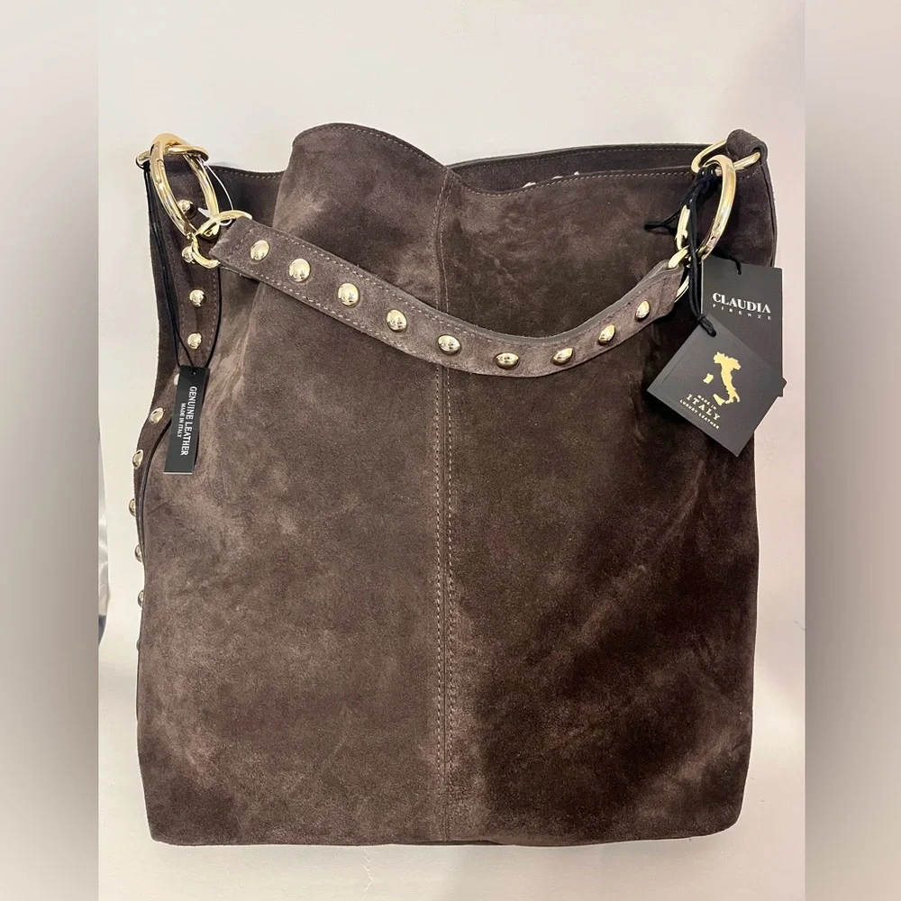Claudia Firenze Hobo Shoulder Bag Chocolate Brown Suede Studs - Picture 2 of 16